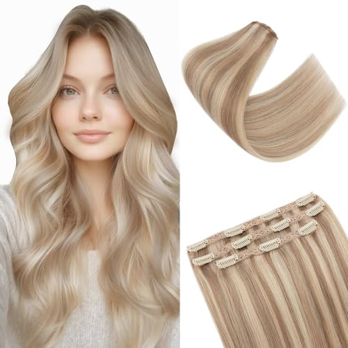 S-noilite Clip in Extensions Echthaar Light Golden Brown/Gebleichtes Blond 25cm 56g Extensions Clip in Echthaar Haarverlängerung Glattes 3 Stücke