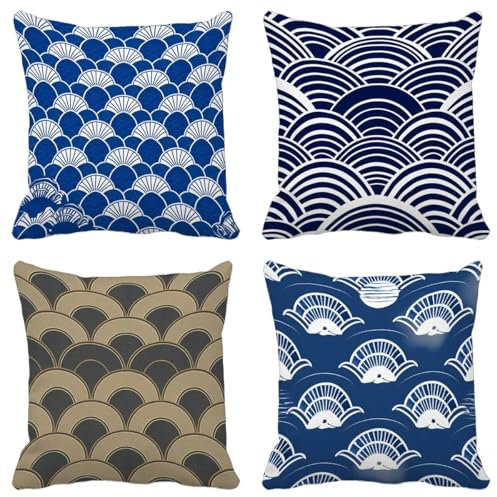 Outdoor Cushions 40cm x 40cm Set of 4 Retro Sofa Cushion Covers Blue Waterproof Linen Pillows Case Throw Pillows With Lnvisible Zipper for Patio Garden Farmhouse Bench Car Home Decor Gifts Women 2-7