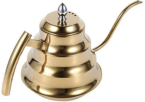 1.2L Gooseneck Coffee Kettle Stainless Steel Gooseneck Tea Kettle Ergonomic Handle Gooseneck Kettle for Drip Coffee, Safe for Gas Electric Induction Stove Tops (Gold)