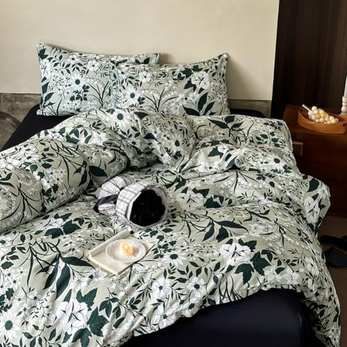 Nayoroom Bettwäsche 200x200 Baumwolle Grün Weiß Blumen Blätter Muster Bettbezug 200 x 200 und 2 Kissenbezug 80x80 cm ÖkoTex Geblümt Bettwäsche-Sets mit Reißverschluss