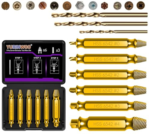Lot de 9 extracteurs de vis avec revêtement en titane, fabriqués en HSS 6542, dureté HRC 80, kit d'extracteurs à gauche, outil de vissage, pour percer et enlever les vis endommagées