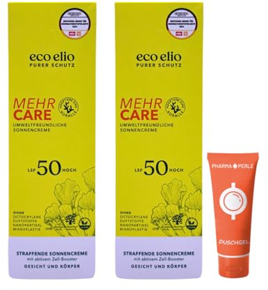 eco elio Mehr Care LSF 50, 2x 200 ml I Sonnencreme mit Niacinamid & Blue-Light-Schutz I Straffend, schnell einziehend & vegan I Für Gesicht & Körper I Spar-Set plus Pharma Perle give-away