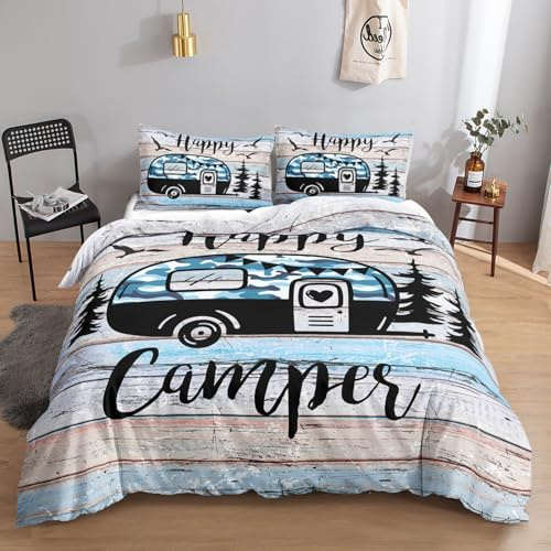 HOSIMA Glückliche Camper-bettwäscheset, 135 x 200 cm, Grau, Happy Camper, Bettwäsche Set 1 Bettbezug, 1 Kissenbezug, mit Reißverschluss, geeignet für Kinder, Jugendliche und Erwachsene