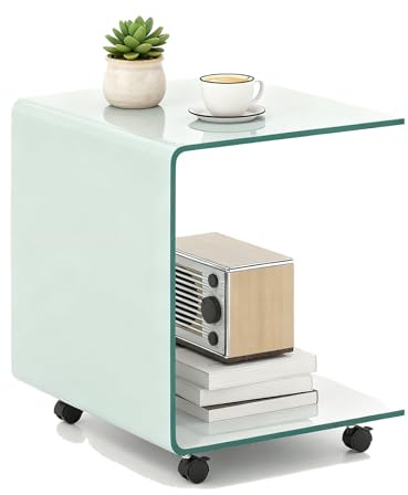 GYMAX Couchtisch Glas, eleganter Beistelltisch mit abgerundeten Kanten & rutschfesten Pads, U-förmiger Glastisch, Kaffeetisch für Wohnzimmer & Büro (Weiß + mit Rädern)
