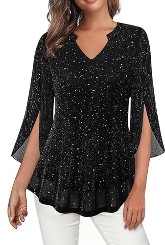 Bluse Damen Glitzer Oberteile Silvester Outfit Pailletten Blusenrock V Ausschnitt Tunika Festliche Blusen Zur Hochzeit Party Oberteil Glitzershirt Karneval Langarmshirt Damenblusen Glitzeroberteil
