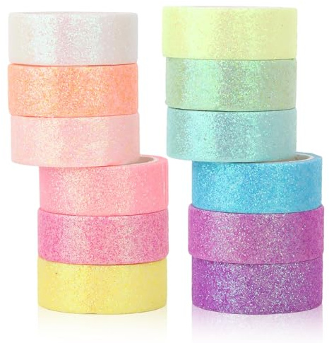 Fogbush Washi Tape, 12 Rollen Fashion Tape Scrapbook Zubehör Glitzer Pergamentpapier Bunt Bullet Journal Zubehör Klebeband Bunt Buntes Klebeband (12 Farben)
