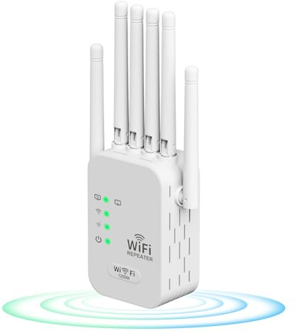 1200Mbps Répéteur WiFi Puissant - Amplificateur WiFi avec 6 Antennes, WiFi Extender WiFi Booster, Port Ethernet Gigabit, Compatible avec Toutes Les Box Internet