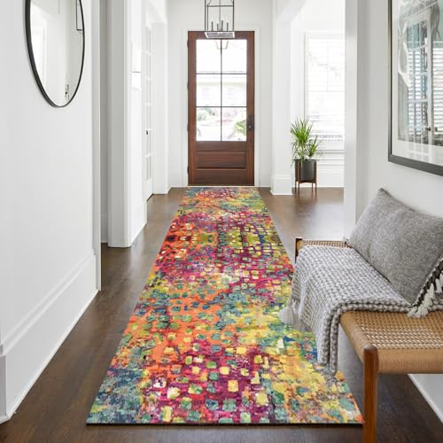 WTHYGB Teppichläufer 80 x 150 cm, rutschfest Waschbar | Küchenläufer mit Geometrie Design aus Polyester, 6mm Dicke für Flur, Eingang, Küche, Wohnzimmer & Büro, Schwarzweiß