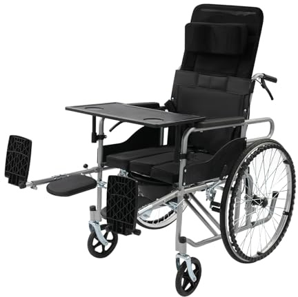 Faltbarer Rollstuhl bis 100kg mit 90-150° hydraulisch verstellbare Rückenlehne,Transportrollstuhl mit abnehmbar Toiletteneimer PU-Räder & Handbremsen,Toilettenstuhl für Erwachsene Behinderte Senioren