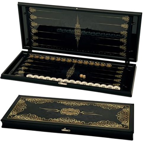 GROSS MEISTER Premium Backgammon Set aus Glas – Obsidian & Gold Barock Edition – Luxus Brettspiel mit gehärtetem Glas und Aluminiumrahmen Koffer-Set, 61x54 cm