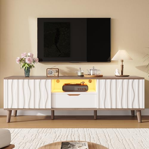 BENMWS Mobile per TV, console TV multimediale con vano portaoggetti e porta scorrevole, bianco + legno di noce scuro, 160 x 40 x 52 cm, per soggiorno, camera da letto e area di intrattenimento