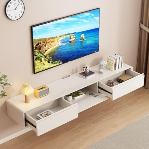 XDCXYD Meuble TV Suspendu avec Tiroir Et Porte Rabattable vers Le Bas(Blanc,180 * 24 * 20cm)