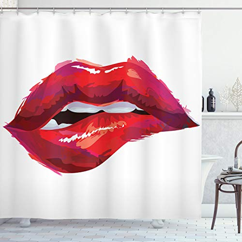 ABAKUHAUS Lippen Duschvorhang, Frau Beißende Lippen, Stoffliches Gewebe Badezimmerdekorationsset mit Haken, 175 x 180 cm, Dunkler Coral Pink Weiß