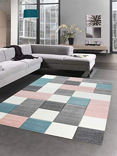 CARPETIA Moderner Teppich Wohnzimmerteppich Kurzflor Karo rosa grau türkis Größe 120 cm Rund