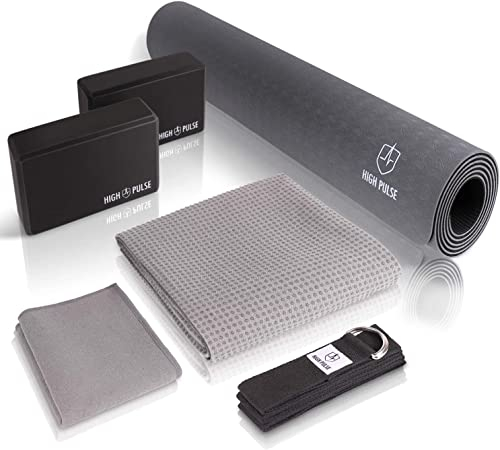 High Pulse® Yoga Set (6 TLG.) mit Yogamatte, 2 Yoga Blöcke, Yogagurt, Yogatuch mit Antirutsch-Noppen und extra Handtuch – Praktisches Yoga-Set für Anfänger und erfahrene Yogis