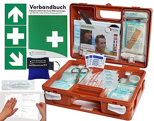 Verbandskoffer/Verbandskasten (K) Typ N -Paket 1- Erste Hilfe nach aktueller DIN 13157 für Betriebe -DSGVO- INKL. PERFORIERTEM VERBANDBUCH + Notfallbeatmungshilfe & FOLIENAUFKLEBER