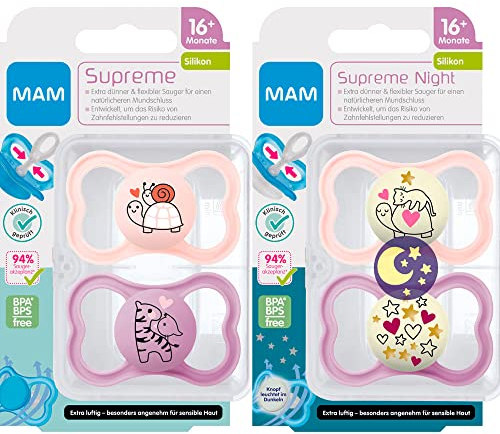 MAM Dental Schnuller Supreme,16+ Monate, 4er Set, Skin Soft Silikon, haut- und zahnfreundlicher Schnuller, pack for Girls