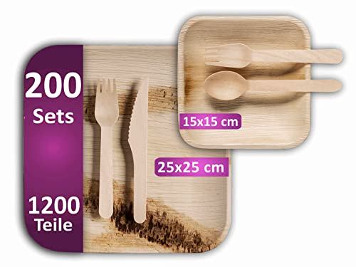 Waipur Set Piatti in Foglia di Palma e Posate in Legno - 200 Grandi, 200 Dessert, 400 Forchette, 200 Coltelli, 200 Cucchiai - Stoviglie Monouso Biodegradabili - Eleganti e Compostabili - Como Bambu