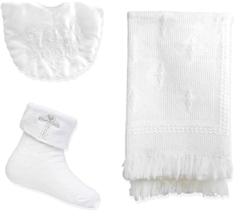 Baby Togs Christening Set Shawl Bib Socks Baptism Gift | White Baby Christening and Baptism Gift Set, Shawl, Bib and Socks for Baby Boys or Girls, 0-6 and 6-12 Months