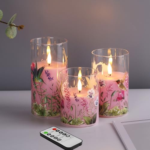 Eywamage Rosa Kolibri Blumen Glas Flammenlose Stumpenkerzen mit Fernbedienung, Flackernde LED Batterie Kerzen 3 Stück