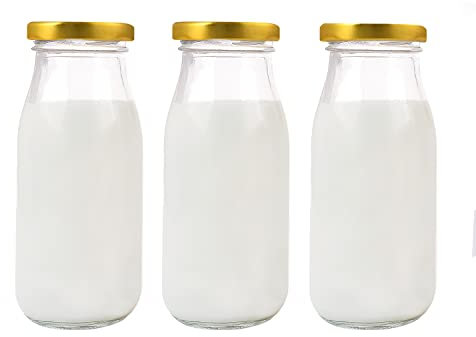 Danmu Art 3pcs 250ml Glass Milk Bottle with Pretty Gold Lids Small Glass Jars for Decoration