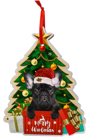 Schwarze französische Bulldogge Ornamente Weihnachtsbaum, Frenchie Aluminium Ornament (nicht 3D), Weihnachtsdekoration 2023 für Frenchie-Liebhaber, Hundemutter, Hundevater, Haustierliebhaber