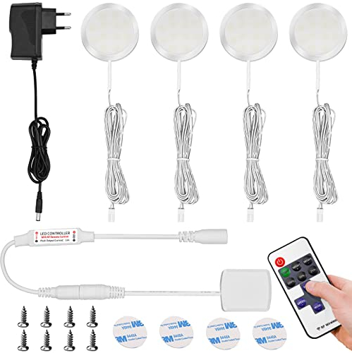 ALFFREUDE Luces para Gabinetes LED (4 luces, Blanco cálido) Luces de Armarios Regulables,12v 2.5w Para Vitrinaestantes de armarios de cocina y muebles de interior- 11 modos de iluminación