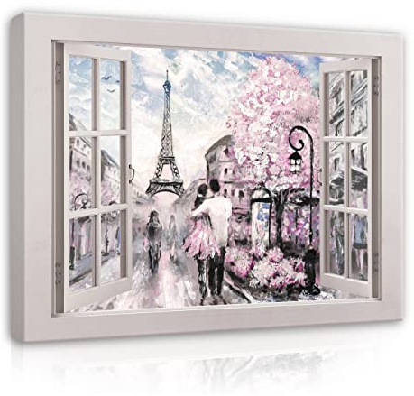 WallArena - Leinwand Bilder Fensterbilck Fenster Paris Eiffelturm Aquarell - 80x60 cm Leinwandbilder Bild auf leinwand Wandbild XXL groß Wandbilder für Wohnzimmer Schlafzimmer Wohnzimmerbilder Modern