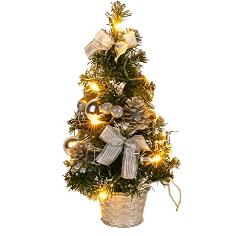 Árbol de Navidad artificial brillante con nieve blanca, 40 cm pequeño árbol de Navidad de mesa LED guirnaldas luminosas con nudo y manzana de pino para decoraciones, mesa de Navidad (C)