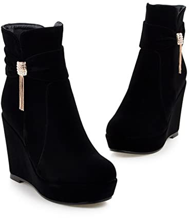 Stivaletti Retrò Con Zeppa Tacchi Alti 11 Cm Da Donna Eleganti Booties Con Frange,Stivali Da Neve In Pelle Scamosciata Caldi Invernali,scarpe Alla Caviglia,Ankle Boots Da Operaio ( Color : Black , Siz