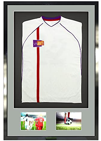 Vivarti DIY Junior 3D Mounted + Double Aperture Sports Shirt Display Frame for Football Shirt, Rugby Shirt, Band T-Shirt Shadow Box - 59.4 x 84cm -Gloss Black Frame, Silver Mount, Black Backing Card