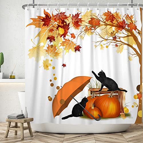 Ttincceer 180x180cm Lindo Gato Cortina de Ducha Divertido Gato Negro Calabaza Paraguas Conjunto de Cortina de Ducha otoño Paisaje Hoja de Arce Hoja caída Cortina de baño Impermeable bañera Cortina