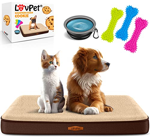 Lovpet® Hundebett orthopädisches Hundekissen Hundekorb Cookie, Inkl. Napf + 3X Kauknochen, Hundesofa für Kleine, Mittelgroße & Große Hunde, Bezug abnehmbar und waschbar, XL 112x81x7,6cm Braun