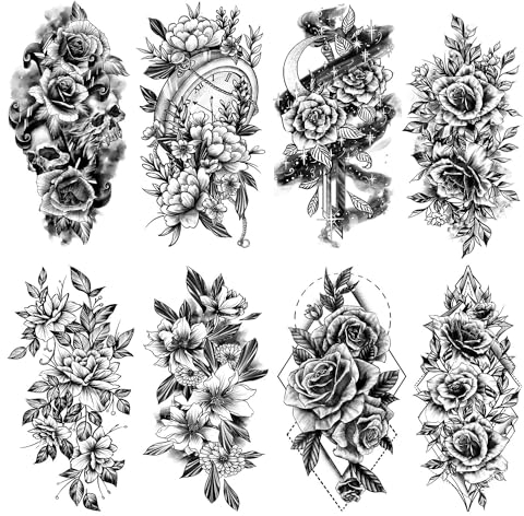 Acevegue Temporäre Tattoos Für Frauen, 12 BläTter Groß Blumen Klebe Tattoo Set Für Erwachsene Damen, 3D Realistische Wasserfest Langanhaltend Arm Hals Beine Fake Tattoos Zum Aufkleben Auf Die Haut