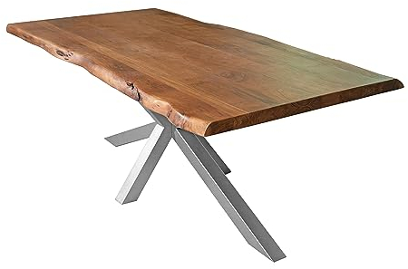 SAM Esstisch 180 x 90 cm Cali, Baumkantentisch nussbaumfarben, Akazienholz massiv, Spider-Gestell aus Metall Silber, aufgedoppelte Kanten 25+25 mm