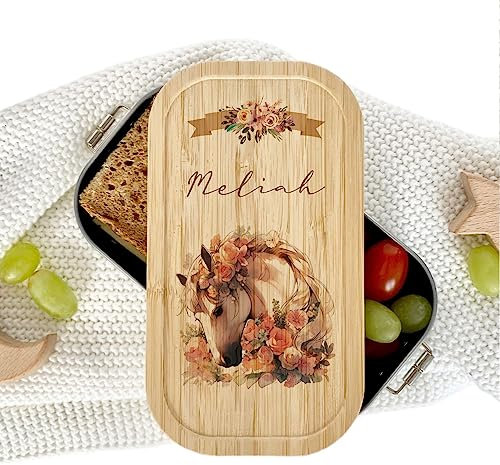 Manufaktur Liebevoll - Personalisierte Brotdose Pferd Pony m. Fächern, Edelstahl Lunchbox I Bambus Deckel u. Trenner, Brotbüchse | Kinder, Mädchen (Motiv Meliah, Edelstahl | Größe M)