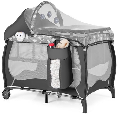 COSTWAY 5 en 1 Lit Parapluie Bébé avec Matelas & Moustiquaire, Lit Bébé Evolutif avec Table à Langer, 3 Jouets Mignons & Boîte à Musique, Sac de Transport, Charge 9kg pour 0-36 Mois