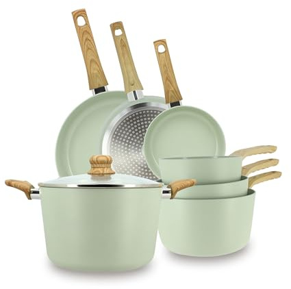 MENASTYL - Batterie de cuisine 7 pièces avec revêtement antiadhésif céramique (Sans PFAS/Sans PTFE) tous feux dont induction - 3 poêles, 3 casseroles, 1 faitout - Gamme Colorama - Céladon - 6014167