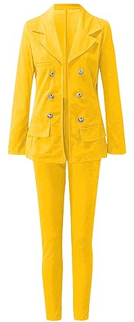 Womens Business Blazer Suits and Trousers 2 Piece Sets Elegant Wedding Gest Outfit Ladies Long Sleeve Lapel Button Jacket Coat Outerwear Long Pants Suit Office Work Formal Outfits Yellow