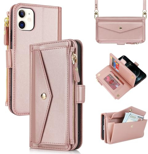 Zouzt for iPhone 12/12 Pro Wallet Case for Women, Purse with Credit Card Holder Slots Crossbody Lanyard Strap Zipper Flip Book Shockproof Protective Phone Cover for Apple 12/12 Pro 6.1 Inch (Pink)