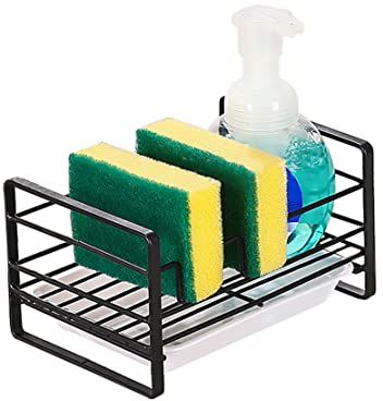 KEINEUX Sponge Holder Kitchen Countertop Sink Caddy Organiser, with Drying Tray Drainer Rack for Dishwashing Soap Sponges Brush Storage Accessories, Metal, Black