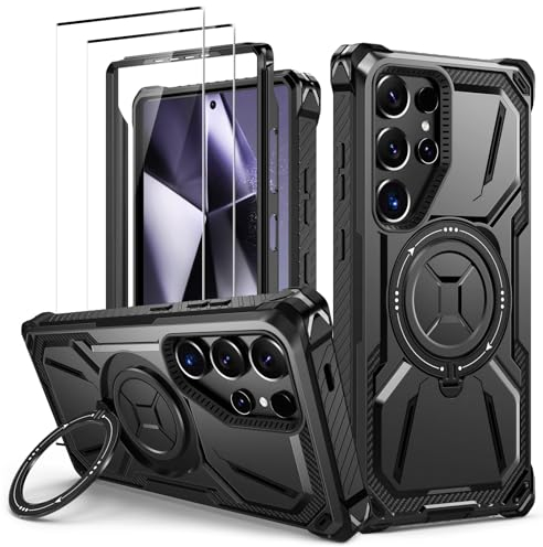 Lanhiem Cover per Samsung S24 Ultra 5G, Magnetica con Anello, 14FT Antiurto Militare Indistruttibile, Protezione Completa del Corpo a 360°con 2 Vetro Temperato, Custodia per Galaxy S24 Ultra, Nero