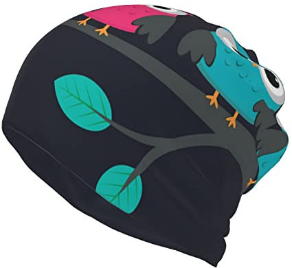 ESASAM Vielseitige Beanie-Mütze mit niedlichem Eulen-Druck, multifunktionales Halstuch und Beanie-Kombination, Schwarz , Einheitsgröße