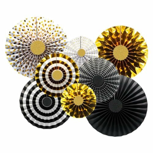 Black Gold Paper Fans Hanging Party Decorations, Hanging Paper Fans Party Set for Home Shop Wall Birthday Wedding Supplies Bridal Shower Graduation Events