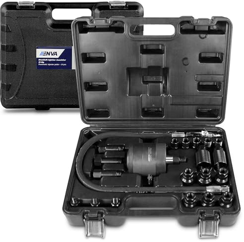 ENVA Automatischer Druckluft Injektor Auszieher 21TLG. Werkzeugsatz für mühelose Demontage von Injektoren und Glühkerzen Druckluft Abzieher Werkzeug Set für Einspritzdüsen