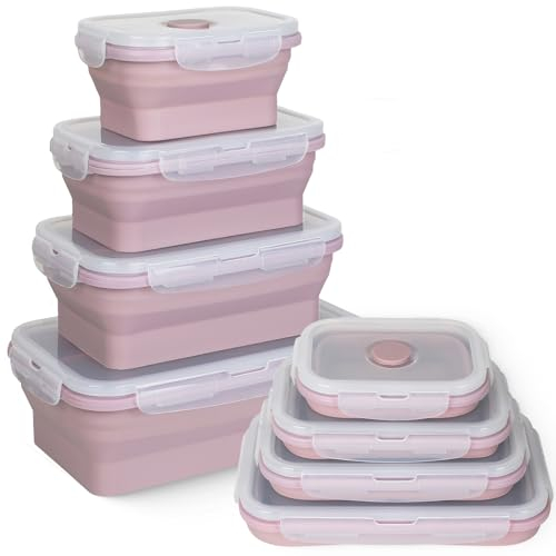 Hooolee® Juego de 4 Fiambrera de Silicona, Plegable Recipientes Herméticos para Alimentos Reutilizable Fiambrera para Microondas, Frigorífico y Congelador
