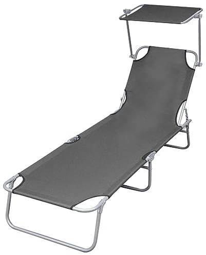 ZEYUAN Klappliege mit Sonnenschutz, Sonnenliege, Gartenliege, Liegestuhl, Liegestühle, Sonnenschutz Garten, Terrassenliege, Strandliege, Stahl Grau