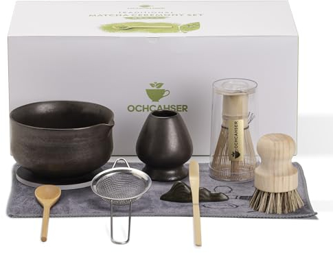 Ochcahser Matcha Whisk Set, Matcha Bowl with Spout and Coaster, Matcha Whisk and Holder, Sifter, Scoop, Spoon, Cleaning Brush - 10 Pcs Complete Ceramic Matcha Kit
