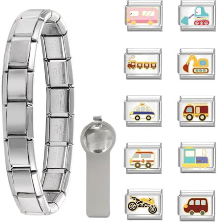 papasgix Italian Charm Bracelet Charms Set 9mm, Italienisches Charm Armband mit Starter-Armband und Öffnungswerkzeuge, DIY Italian Style Charms für Damen Herren Mädchen (Silber 12pcs Auto)