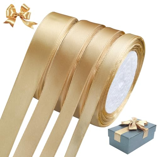 132M Satinband Gold Set, 6/10/15/20mm Geschenkband Breit,Schleifenband Goldene Für Goldene Hochzeit,Geschenkverpackung, Geschenkband Gold Hochzeit Geeignet für Basteln,Kuchendekoration